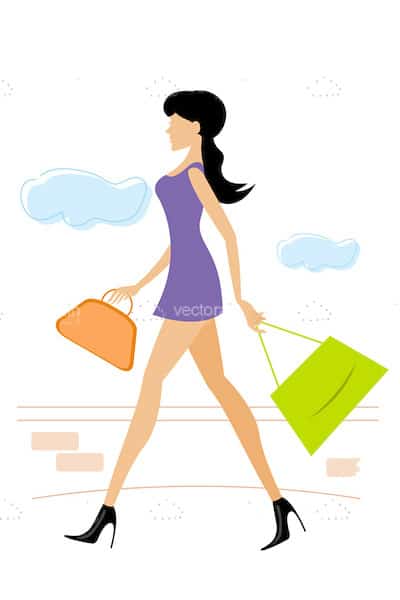 Illustrated Woman in a Purple Dress Carrying Shopping Bags